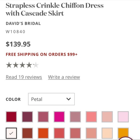 David’s Bridal • Strapless Crinkle Chiffon Dress with Cascade Skirt in Petal - Picture 2 of 10